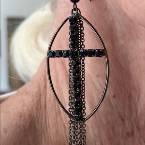 Edgy black beaded cross earrings
